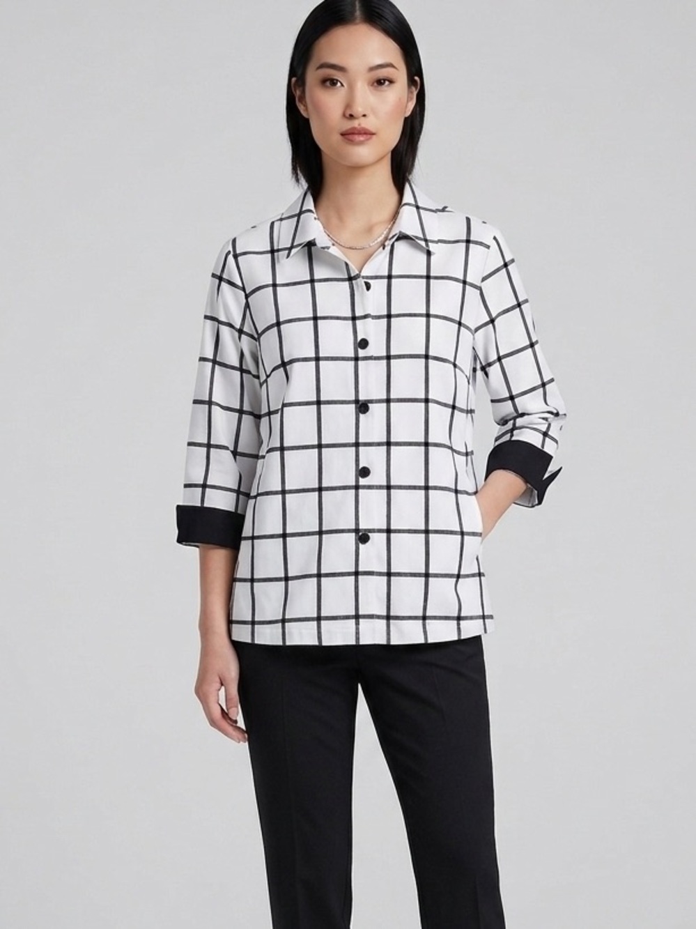 Linea by Louis Dell'Olio White and Black Windowpane Button-Front Blouse